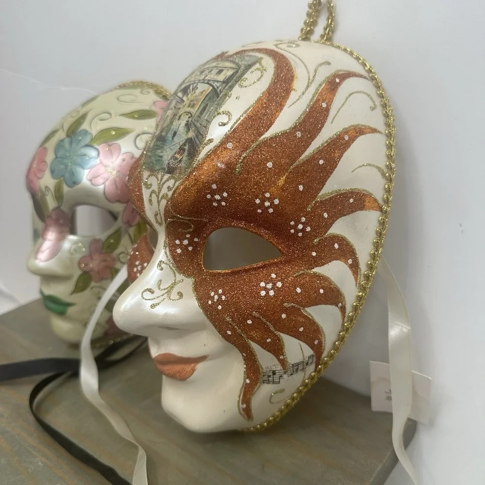 Lot Of 2 Venetian Mardi Gras Mask MASQUERADE CARNIVAL PARTY Floral Hand Painted